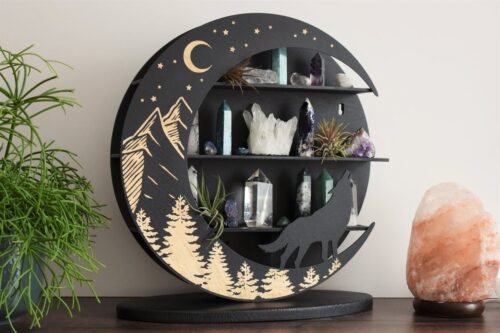 Howling Wolf in Forest Moon Crystal Shelf with Stand - Image 5
