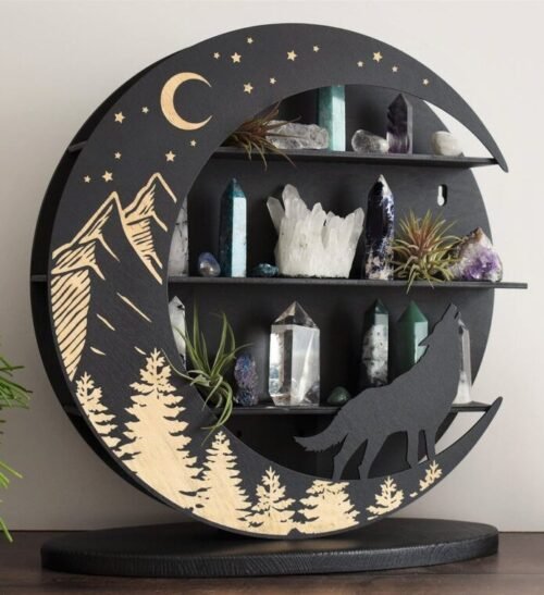 Howling Wolf in Forest Moon Crystal Shelf with Stand