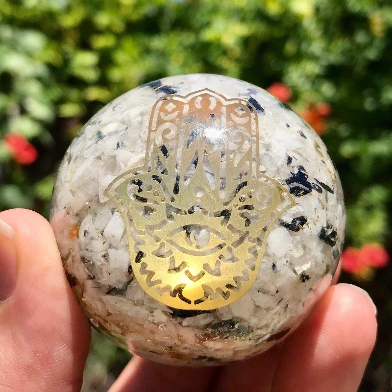 Orgonite Rainbow Moonstone Sphere -Hamsa Hand- 50mm