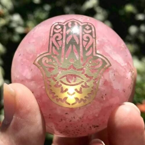 Orgonite Rose Quartz Sphere -Hamsa Hand- 50mm